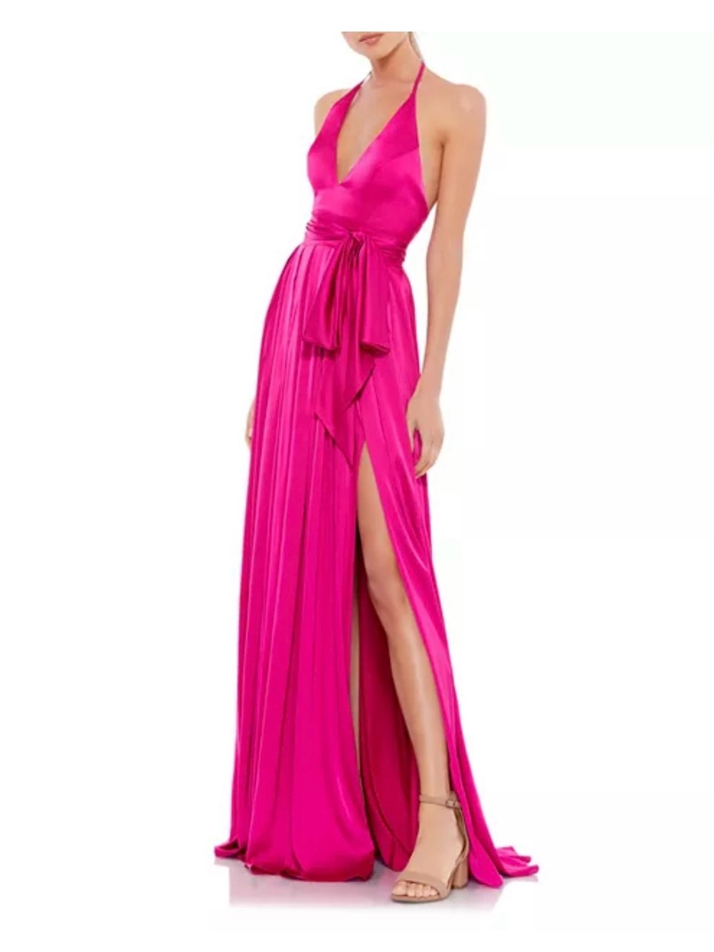Mac Duggal Fuchsia Halter Maxi Gown with Side Slit Style code 26531